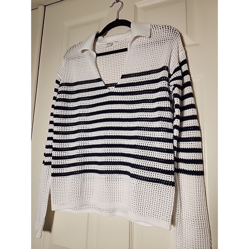 GAP Womens XS Relaxed Stripe White and Blue Crochet Collared Sweater Nautical - Picture 2 of 6